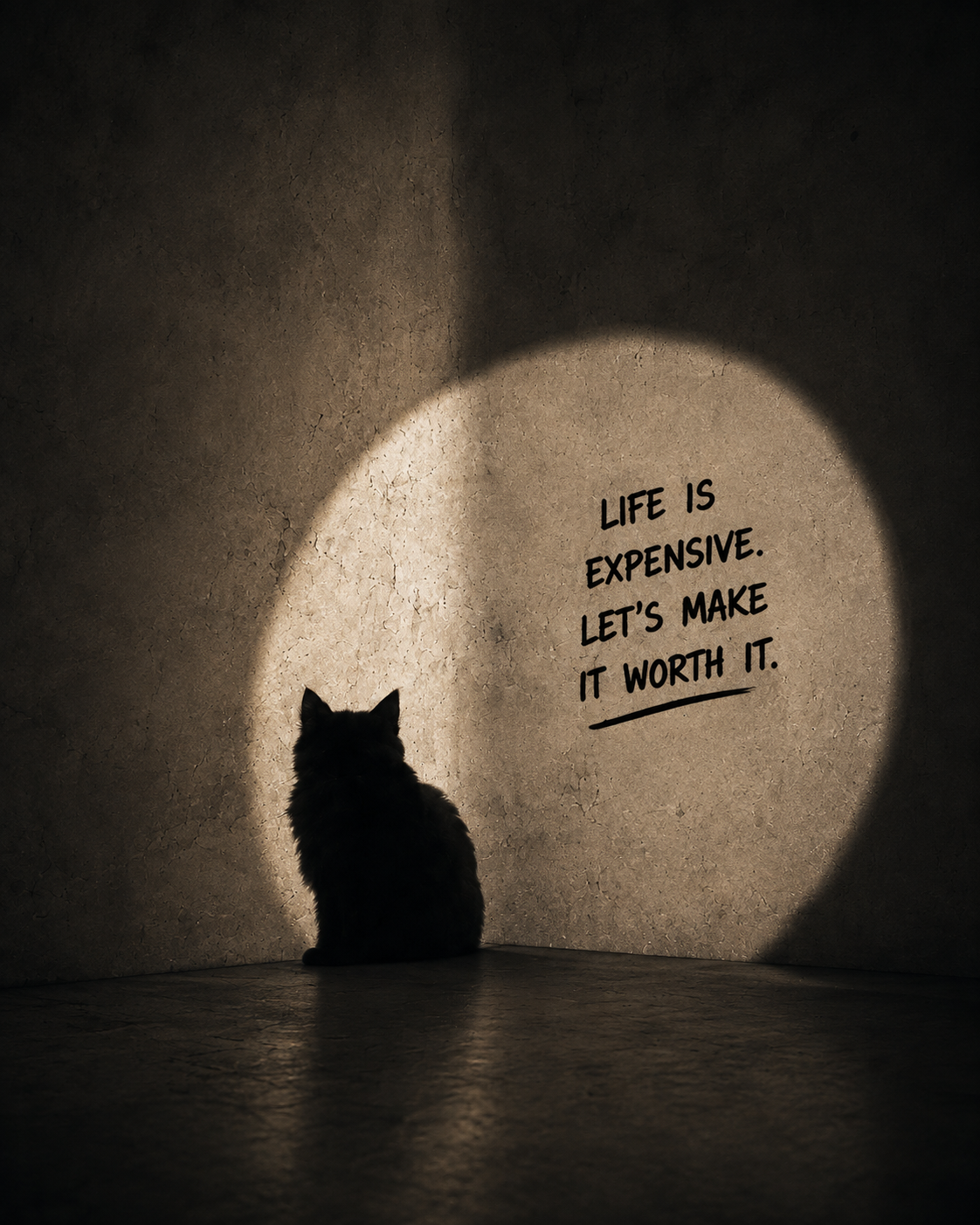 A black cat sitting in a dim room, facing a wall lit by a warm spotlight where someone wrote: life is expensive, let’s make it worth it.